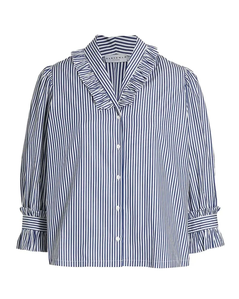 Front of a size 2X Fuella Shirt in Navy Stripes by HARSHMAN. | dia_product_style_image_id:314138